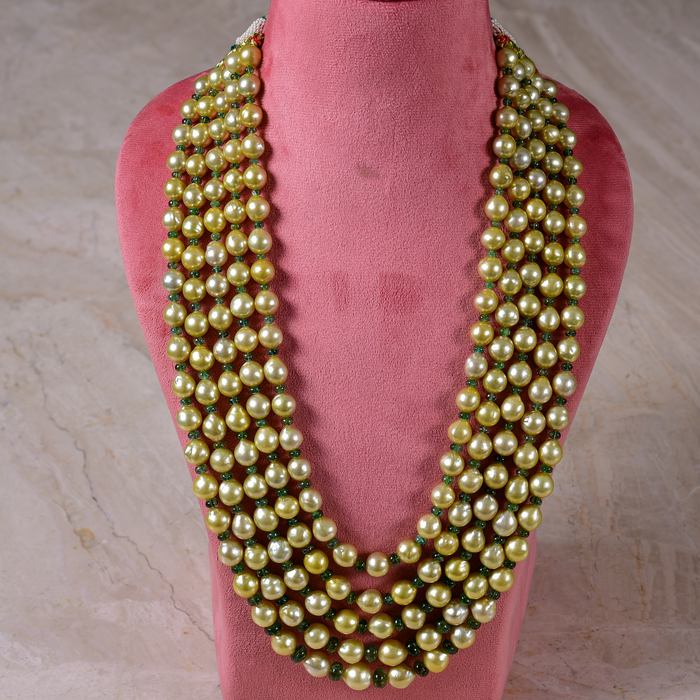 Natural Golden Color South Sea Pearl Baroque Shapes Five Strands Necklace with Zambian Emerald Beads by Bhagyaratnam