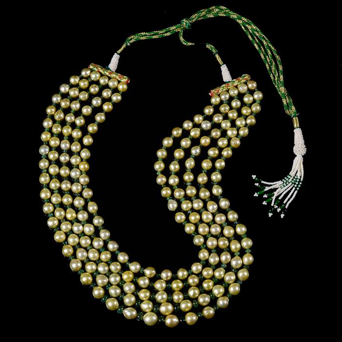 Natural Golden Color South Sea Pearl Baroque Shapes Five Strands Necklace with Zambian Emerald Beads by Bhagyaratnam