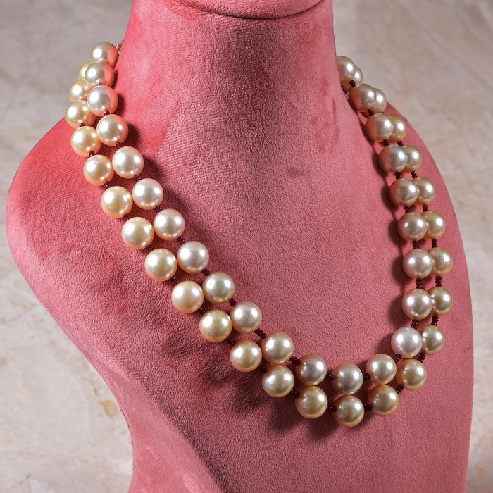 Natural Light Golden color South Sea Pearl Two String Necklace with Ruby by Bhagyaratnam