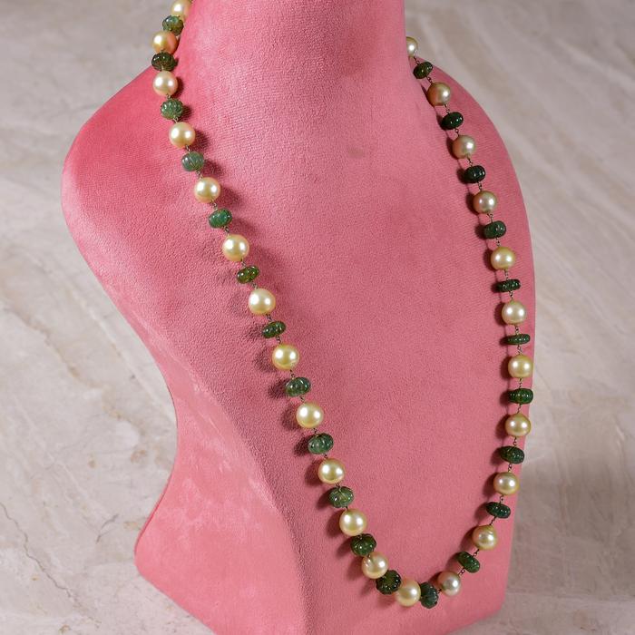 Natural Zambian Emerald Mallon Shapes Chain with Golden South Sea Baroque Pearl in 14 Carat Gold by Bhagyaratnam