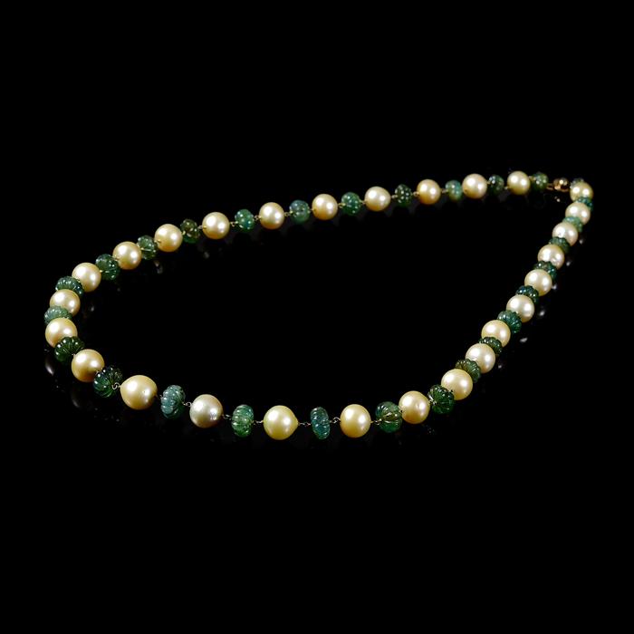 Natural Zambian Emerald Mallon Shapes Chain with Golden South Sea Baroque Pearl in 14 Carat Gold by Bhagyaratnam