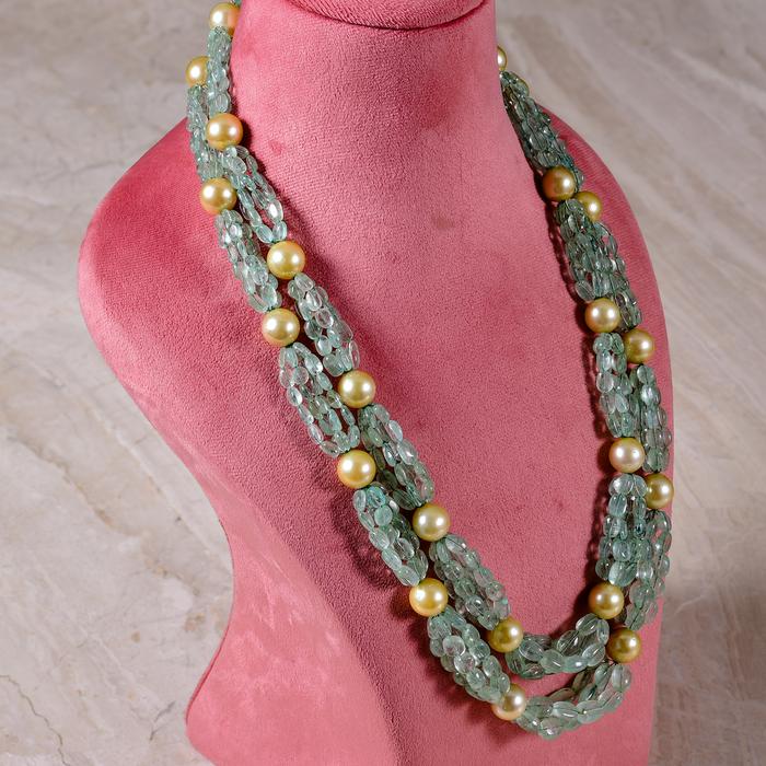 Russian Emerald Multiple Strings Necklace with Fine Round Golden South Sea Pearl by Bhagyaratnam